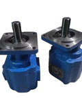 Hydraulic Gear Pump Direct Replacement For XCMG Wheel Loader Spare Parts, Compatible With 2063 2050 2040 Series, OEM Grade Gear Pump For Heavy Machinery, Easy Swap And Long Lasting Performance. Blue metal hydraulic gear pumps with shafts