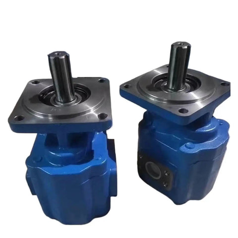 Hydraulic Gear Pump Direct Replacement For XCMG Wheel Loader Spare Parts, Compatible With 2063 2050 2040 Series, OEM Grade Gear Pump For Heavy Machinery, Easy Swap And Long Lasting Performance. Blue metal hydraulic gear pumps with shafts
