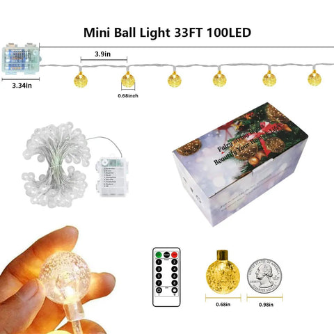 Battery Operated Outdoor String Lights 33Ft 100LED With Remote Timer 8 Modes Waterproof Mini Globe Lights packaging and setup