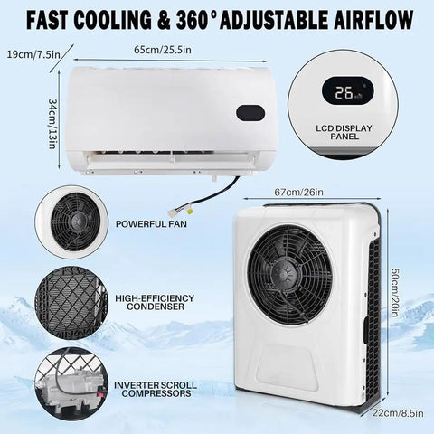 12V Truck Air Conditioner 8000 BTU Parking Split Mini AC Unit for Semi Trucks with LCD Display and Powerful Fan