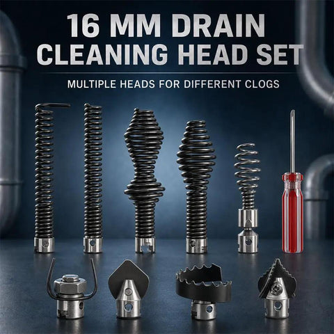 16 MM Drain Cleaner Head Set with multiple heads for different clogs, showcasing rugged construction and versatility.