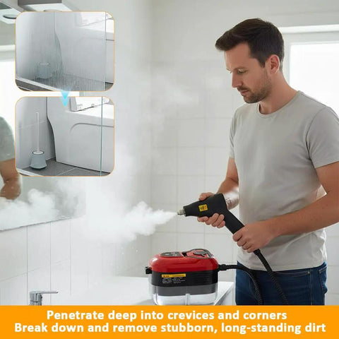 Heavy Duty Handheld Steam Cleaner Generating Scalding 2500W Heat cleaning bathroom tile, releasing steam from nozzle.