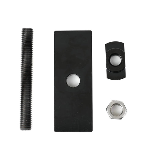 Front view of Jetuplusllc needle bearing puller tool kit: threaded bolt, black plate with center hole, curved clamp, and hex nut.