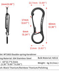2 Pack Stainless Steel Carabiner Clip Keychain With Spring Snap Hook Rainbow Titanium Finish Lightweight And Durable For Dog Leash And Key Ring Easy Clip Access Everyday Carry Must Have, with dimensions and material details.