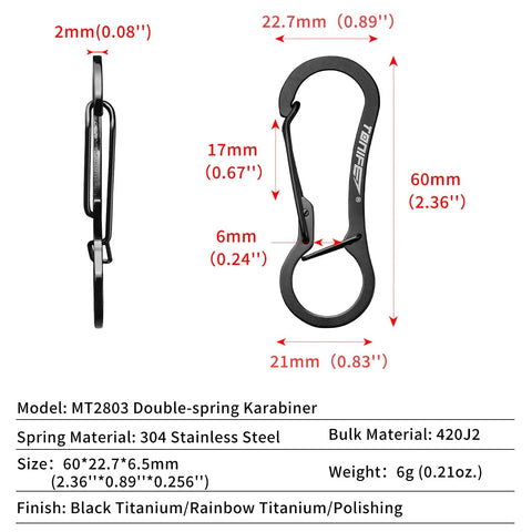 2 Pack Stainless Steel Carabiner Clip Keychain With Spring Snap Hook Rainbow Titanium Finish Lightweight And Durable For Dog Leash And Key Ring Easy Clip Access Everyday Carry Must Have, with dimensions and material details.