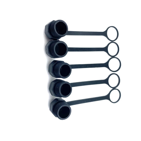 Five Piece M12 Connector Dust Covers For Female Sockets Protective Caps Black Plastic shown in row layout