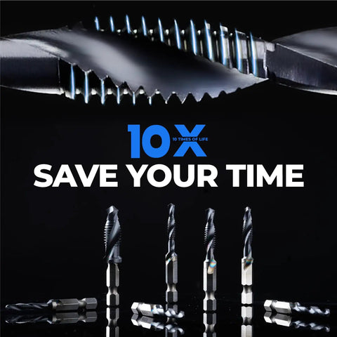 Close-up of Metric M3 To M10 6Pc Combo Drill And Tap Bit Set with Ultra TiAlN Coating against black background