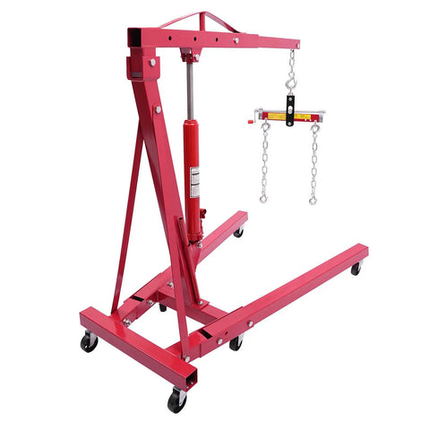 Heavy Duty Two Ton Hydraulic Engine Hoist With Smart Leveler And Folding Cherry Picker Shop Crane Lift Built Like A Tank, red finish.