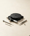60Mm Manual Precision Rotation Stage Aluminum Platform R Shaft with tools for optical alignment on a beige surface.