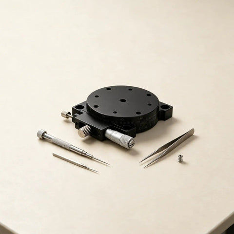 60Mm Manual Precision Rotation Stage Aluminum Platform R Shaft with tools for optical alignment on a beige surface.