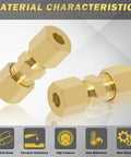 Brass compression tube fittings, 10 pcs 3/16 in OD x 3/16 in OD compression union connectors with 10 ferrules