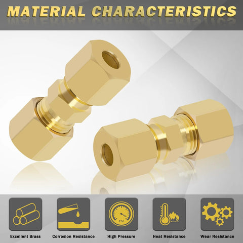 Brass compression tube fittings, 10 pcs 3/16 in OD x 3/16 in OD compression union connectors with 10 ferrules