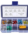 70 Piece Automotive Fuse Assortment Kit With Mixed 5 Amp 7.5 Amp 10 Amp 15 Amp 20 Amp 25 Amp And 30 Amp Blade Fuses For Cars Trucks And Motorcycles Great For Quick Electrical Repairs And DIY Wiring Upgrades in a clear plastic case with compartments and a fuse puller.
