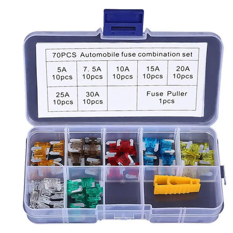 70 Piece Automotive Fuse Assortment Kit With Mixed 5 Amp 7.5 Amp 10 Amp 15 Amp 20 Amp 25 Amp And 30 Amp Blade Fuses For Cars Trucks And Motorcycles Great For Quick Electrical Repairs And DIY Wiring Upgrades in a clear plastic case with compartments and a fuse puller.