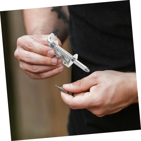 Hands holding Heavy Duty Spring Loaded Latch Kit 2 Pcs Thickened Iron Safety Pins For Cabinets Mechanical Hinges And Automotive Applications