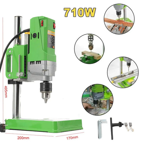 Heavy Duty 710W Bench Drill Stand For Hand Drill, Mini Electric Drill Press with 1-13mm chuck, green metal frame, product overview