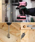 6-piece spade drill bit set for woodworking, side view; pink cordless drill shown, 3/8-1 in sizes