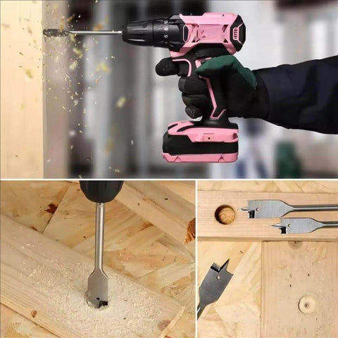 6-piece spade drill bit set for woodworking, side view; pink cordless drill shown, 3/8-1 in sizes