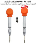 Two Piece Automatic Center Punch Set Smooth Operator Impact Punch Tool showcasing adjustable impact action with orange soft grip.