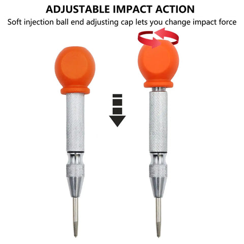 Two Piece Automatic Center Punch Set Smooth Operator Impact Punch Tool showcasing adjustable impact action with orange soft grip.