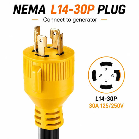 Heavy Duty Generator To Welder Adapter Cord With Nema L14-30p Male To Nema 6-50r Female Plug 1.5 Ft showing yellow NEMA L14-30P plug.
