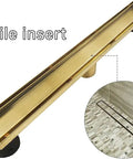 Gold 28 Inch Linear Shower Drain With 2 In 1 Flat And Tile Insert Cover Stainless Steel Brushed Brass Rectangle Shower Floor Drain With Hair Strainer Watermark And CUPC Certified Top Notch High Flow Thirty Three Liters Per Minute showing tile insert feature.