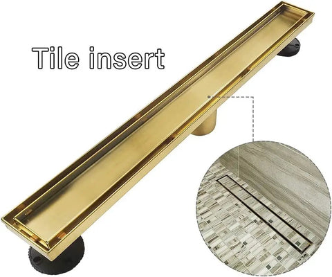 Gold 28 Inch Linear Shower Drain With 2 In 1 Flat And Tile Insert Cover Stainless Steel Brushed Brass Rectangle Shower Floor Drain With Hair Strainer Watermark And CUPC Certified Top Notch High Flow Thirty Three Liters Per Minute showing tile insert feature.