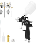 Mini HVLP Spray Gun With Precision Nozzles For Auto Touch Up Painting And Detailing setup with nozzles and cleaning tools.
