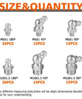 Grease fitting kit with six chrome zerk fittings (M6/M10 SAE/metric) in 180°, 45°, and 90° angles.
