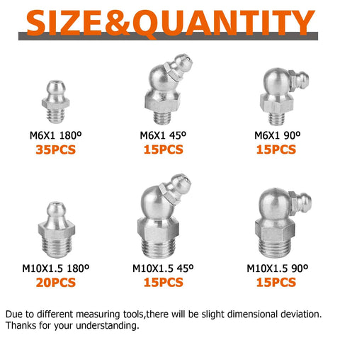Grease fitting kit with six chrome zerk fittings (M6/M10 SAE/metric) in 180°, 45°, and 90° angles.
