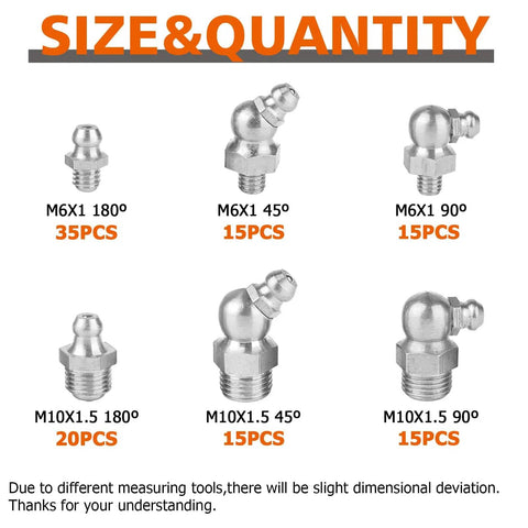 Sizes and quantities of fittings in All In One 235 Piece SAE And Metric Grease Fittings Kit, including M6M10 straight, 45, 90 degree.