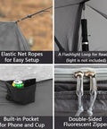 Double Tree Hammock With Built In Net features elastic net ropes, flashlight loop, pocket, fluorescent zipper for camping and travel