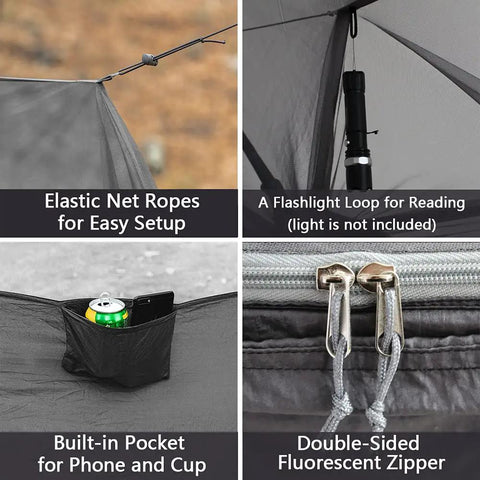 Double Tree Hammock With Built In Net features elastic net ropes, flashlight loop, pocket, fluorescent zipper for camping and travel