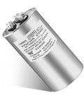 RV Air Conditioner Motor Capacitor 60 5 MFD Replacement For RV A C Units, silver cylindrical capacitor with terminals.