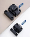 Close-up of Gate Latch Slide Bolt Lock Rotating Hasp Latches Double Sided Locks in small and large sizes, black finish.