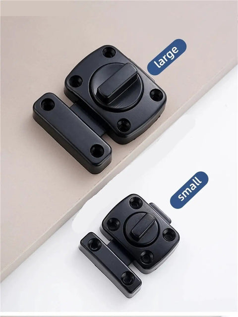Close-up of Gate Latch Slide Bolt Lock Rotating Hasp Latches Double Sided Locks in small and large sizes, black finish.