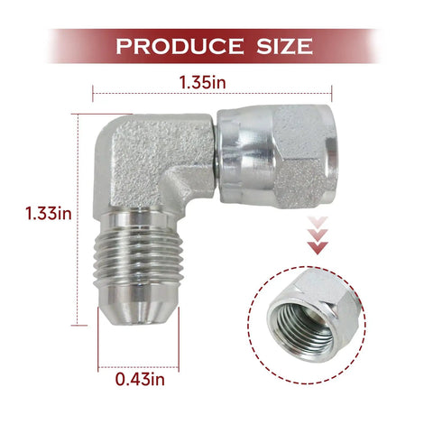 Set Of 3 8 Inch Hydraulic Fittings Super Solid Build With 90 Degree Elbow And 360 Degree Swivel Action Ideal For Truck Repair Or Home Garage Jobs Made From Stainless Steel That Will Not Rust Out Even After Years Of Hard Daily Use Guaranteed. Stainless steel 90-degree hydraulic elbow fitting, 1.35in x 1.33in, threaded end