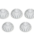 Top view of Heavy Duty Aluminum Drain Covers Set For Sinks And Floors, Dome Strainer For Kitchens, Bathrooms, Outdoor Drains, Five Pack, 5 1/2 Inch Wide By 2 1/4 Inch High, Rust Resistant, Keeps Debris Out And Water Flowing Smoothly.