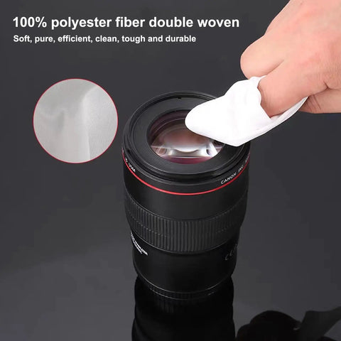 Top Shelf Heavy Duty Industrial Cleanroom Wipes Six By Six Double Knit One Hundred Percent Polyester Lint Free Cloths Bag Of Two Hundred used for cleaning a camera lens.