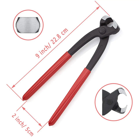 9 Inch Ear Clamp Pliers Carbon Steel Pincer Tool with red handles and detailed jaw close-up shown