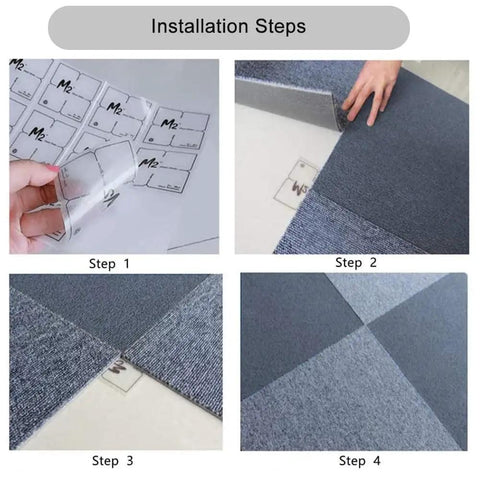 Installation steps of Heavy Duty 20x20 Inch Carpet Tile Squares Pack for home office hotel, dark gray tiles.