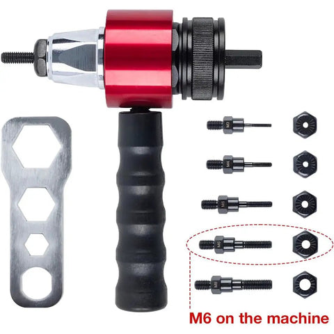 Heavy Duty M3 Through M8 Electric Rivet Gun Adapter Kit With Hardcase Storage For Auto Shop And Diy Fabrication Work Designed Hella Reliable To Nail Any Project Without A Hint Of A Sweat, featuring red and black rivet gun.