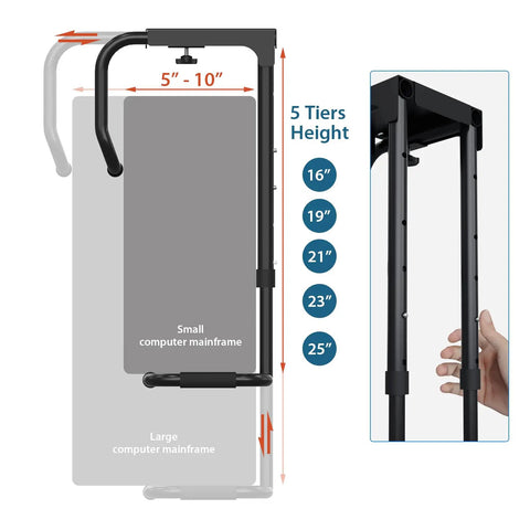 Heavy Duty Under Desk PC Mount Upgrade Your Battle Station With This Badass Adjustable CPU Bracket showing adjustable heights from 16 to 25 inches.