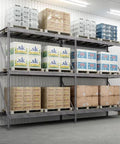 Heavy Duty Steel Pallet Rack Add On Unit 42X120X144 Inches Three Tier Industrial Storage Extender loaded with boxes.