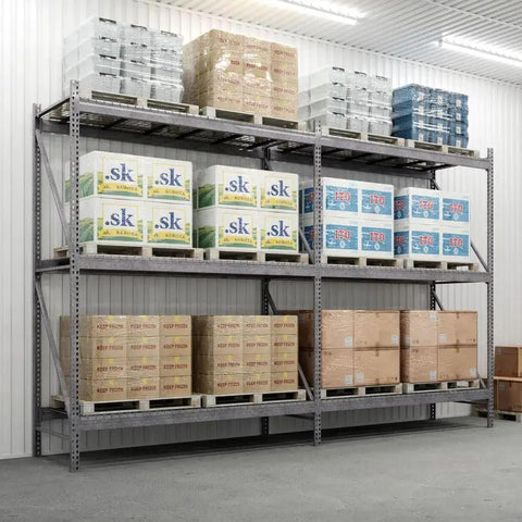 Heavy Duty Steel Pallet Rack Add On Unit 42X120X144 Inches Three Tier Industrial Storage Extender loaded with boxes.
