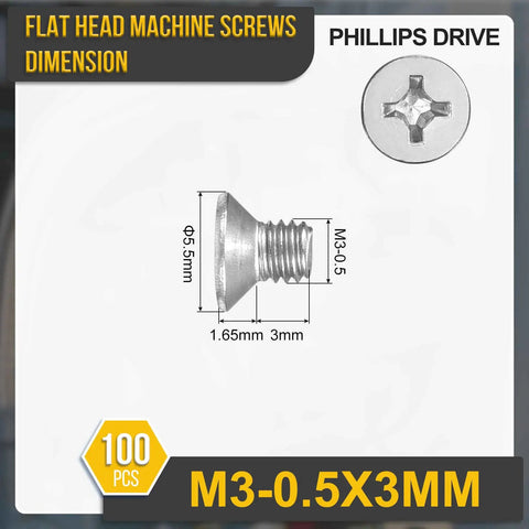 100 Pack M3 Flat Head Machine Screws, 3mm Diameter, 0.5mm Pitch, Phillips Countersunk dimensions chart