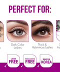 Chart showing uses of Dark Tone Quick Set Lash Adhesive For Strip And Individual Lashes, No-Fuss Fast-Drying Hold, Long-Lasting, Water-Resistant Lash Glue, highlighting compatibility with smokey eye makeup, dark color lashes, thick and voluminous lashes, strip lash and individual lashes.