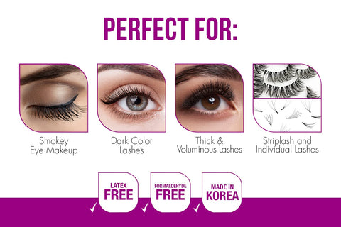 Chart showing uses of Dark Tone Quick Set Lash Adhesive For Strip And Individual Lashes, No-Fuss Fast-Drying Hold, Long-Lasting, Water-Resistant Lash Glue, highlighting compatibility with smokey eye makeup, dark color lashes, thick and voluminous lashes, strip lash and individual lashes.