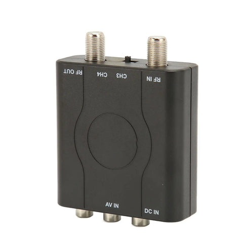 Side view of NTSC TV Modulator for Composite to RF Coax, PLL VHF Channel 3 or 4, Premium ABS Case, featuring AV and DC inputs