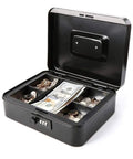 Open view of large electronic digital safe for jewelry and bling at home, password protected metal safe box with detachable inner tray.